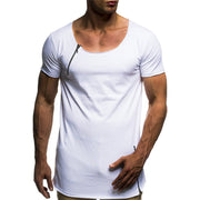 Mens Round Neck Zipper Stitching Slim Short Sleeve T-Shirt
