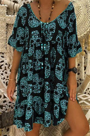 Fashion Printed Large Size Loose V-neck Medium-length Dress