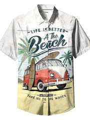 Retro car beach print short sleeve shirt