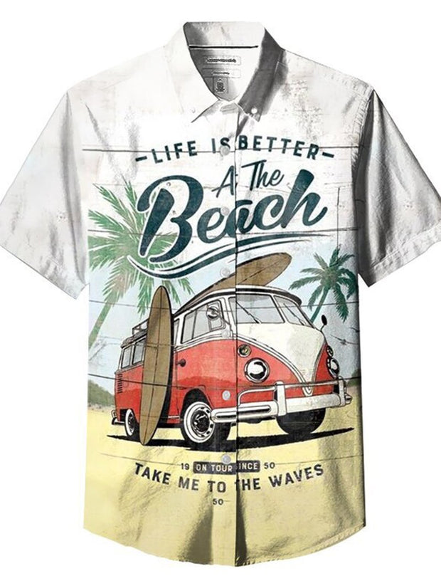 Retro car beach print short sleeve shirt