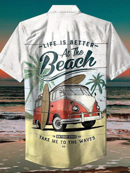 Retro car beach print short sleeve shirt