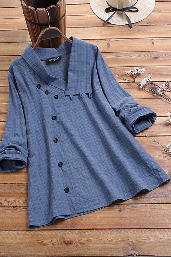 Women Button Plaid Print Lapel Long Sleeve Blouse