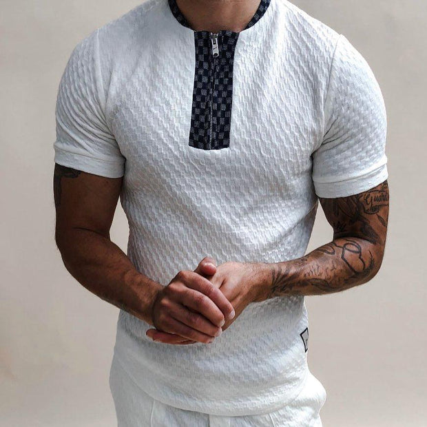 Textured Collarless Slim Fit Polo Shirt