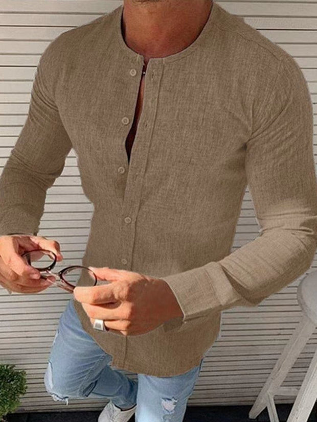 Men's Round Neck Linen Solid Color Long-sleeved Shirt