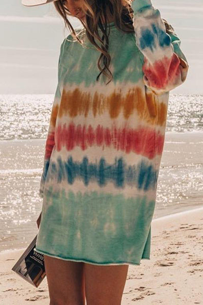 Ladies Casual Tie-Dye Printing Long Sleeve Dress