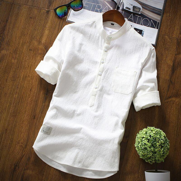 Men's Slim Half Sleeve Cotton Stand Collar Shirt