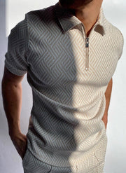 Black and white herringbone jacquard polo shirt