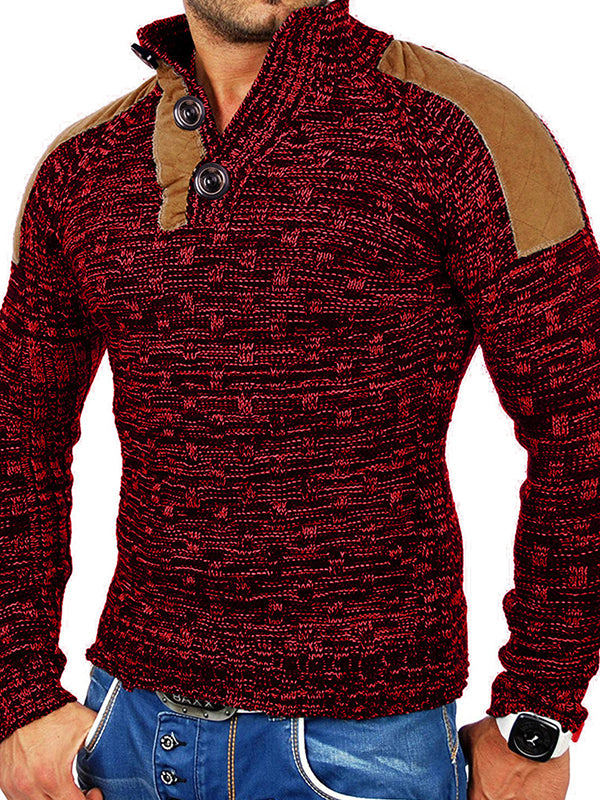 Men's Stand Collar Patchwork Button Knit Sweater