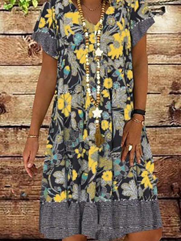 V-neck Floral Printed Short-sleeved Medium-length Dress