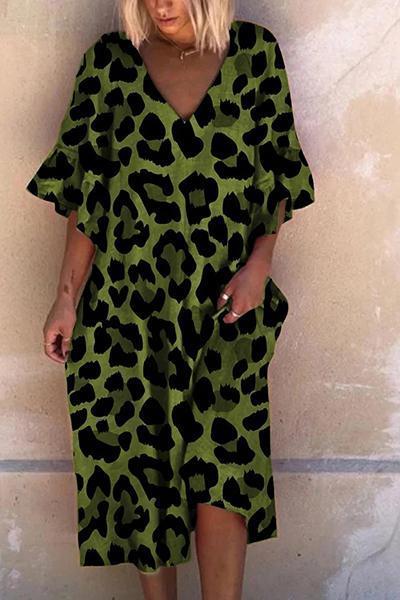 Neocozy Sexy V-neck Lotus Leaf Sleeve Leopard Print Medium-length Dress