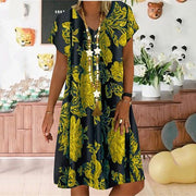 Short-sleeved V-neck Printed A- word Dress