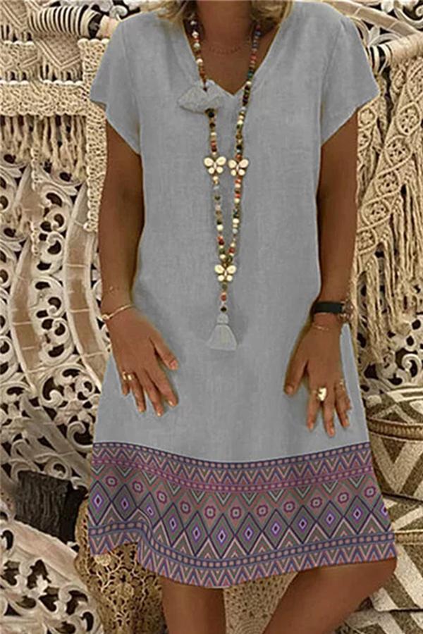 Ethnic Printed Short Sleeved V Neck Dress