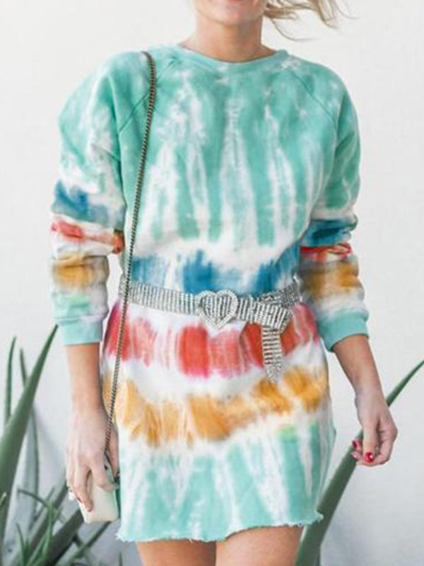 Ladies Casual Tie-Dye Printing Long Sleeve Dress