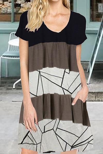 Sexy Stitching Geometric Printing Medium-length Short-sleeved Dress