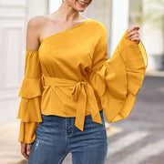 Women Fashion Sexy Casual Bow Flounce Ruffles Chiffon Blouse