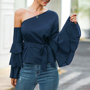 Women Fashion Sexy Casual Bow Flounce Ruffles Chiffon Blouse