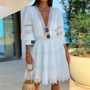 Blaseme White Deep V Neck Lace Trim Mini Dress