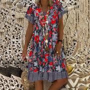 V-neck Floral Printed Short-sleeved Medium-length Dress