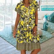 V-neck Floral Printed Short-sleeved Medium-length Dress