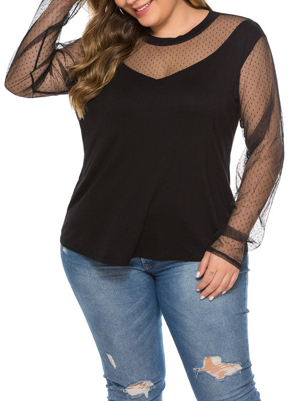 Womens Plus Size Mesh Stitching See-through Long-sleeved Top