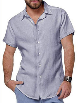 Mens Lapel Cotton Linen Shirt Short Sleeve Shirt