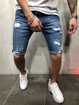 Blue Ripped Slim-Fit Denim Shorts