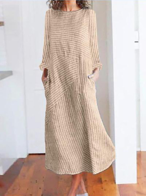 Neocozy Women Round Neck Long Sleeve Striped Printed Maxi Dress