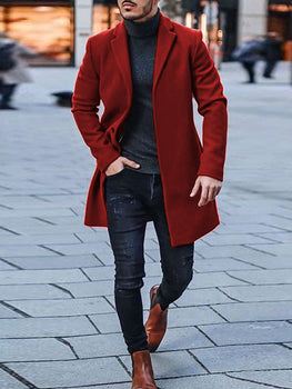 MenS Lapel Single-Breasted Woolen Blend Coat