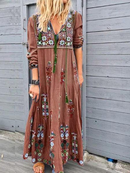 Casual Patchwork Embroidery V Neck Dresses