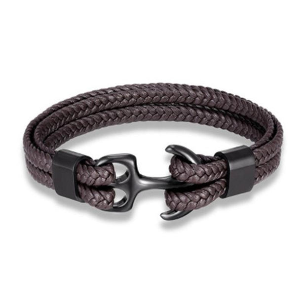 Men's Titanium Steel Cowhide Braided Anchor Bracelet