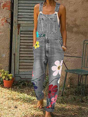 Neocozy Women Fashion Denim Sleeveless Print Jumpsuit