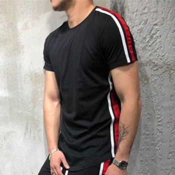 Men's Pure Color Striped Round Collar T-shirt