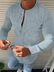 Men's Round Neck Linen Solid Color Long-sleeved Shirt