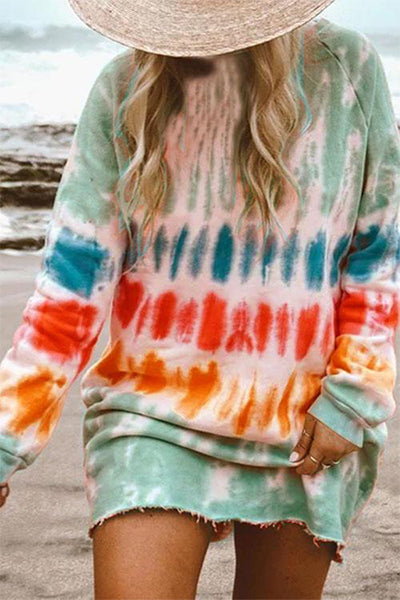 Ladies Casual Tie-Dye Printing Long Sleeve Dress