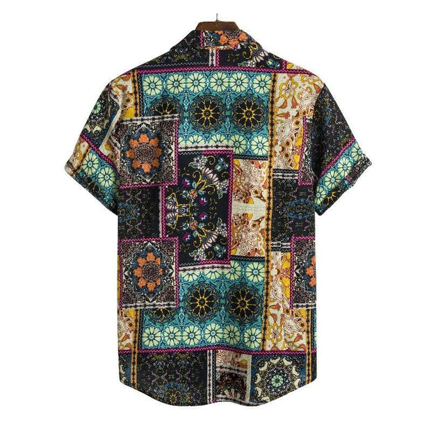 Men's Ethnic Printed Short-sleeved Cotton And Linen Shirt