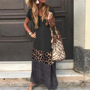 Neocozy Sexy Leopard Pattern Stitching Short-sleeved Printed V-neck Long Dress