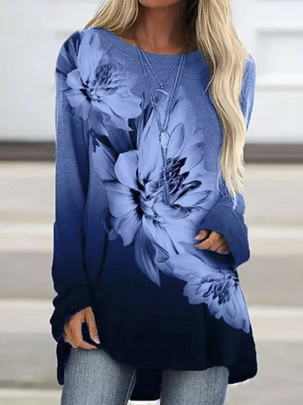 Vintage Round Neck Long Sleeve Printed Loose T-shirt