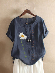 Fashion Casual O-Neck Daisy Print Losse T-shirt