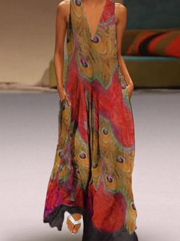 V-neck Stretch Peacock Print Sleeveless Maxi Dress