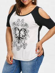 Round Neck Off Shoulder Print T-shirt