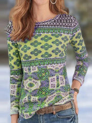 Tribal Print Round Neck Long Sleeve Retro T-Shirt