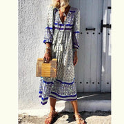 Neocozy Long Sleeve V Neck Printed Long Dress