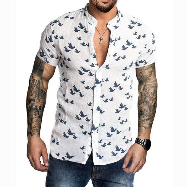 Men's Printed Stand Collar Short-sleeved Shirt