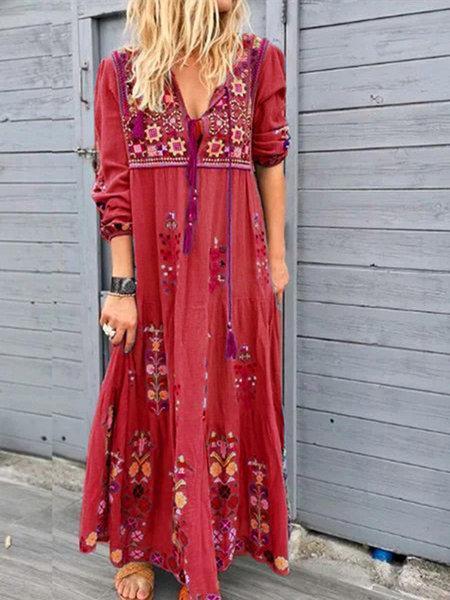 Casual Patchwork Embroidery V Neck Dresses