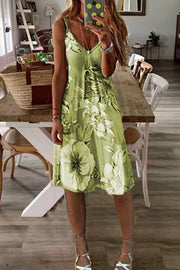 Women's Sexy V-neck Printed A- line Midi Dress