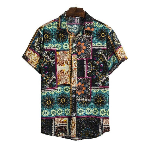 Men's Ethnic Printed Short-sleeved Cotton And Linen Shirt