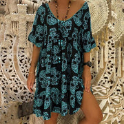 Fashion Printed Large Size Loose V-neck Medium-length Dress