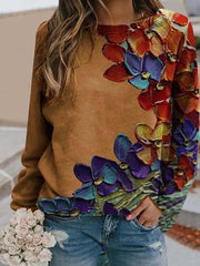 Womens Floral Print Long-Sleeved Casual Sweatshirt