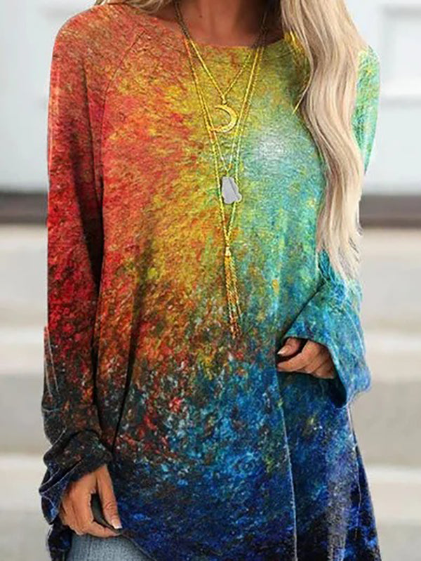 Womens Tie Dye Print Round Neck Long Sleeve T-Shirt