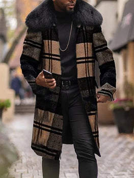 Mens Lapel Long Plaid  Coat